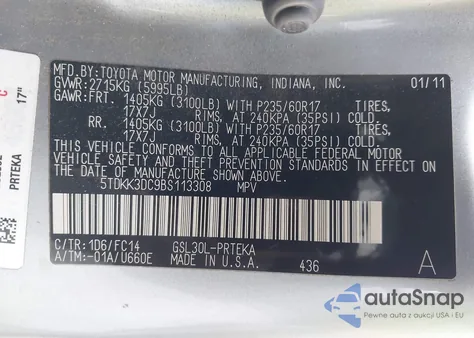 2011 Toyota Sienna Le V6 from USA, damaged, VIN 5TDKK3DC9BS113308